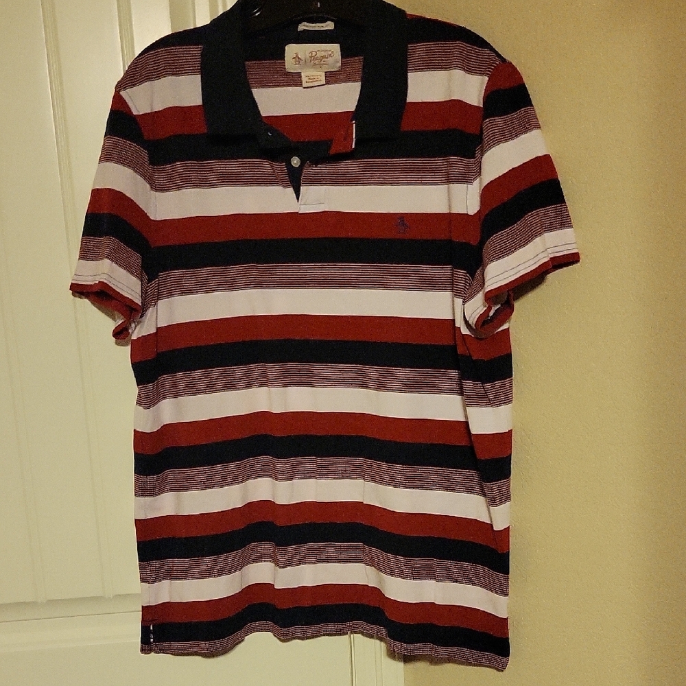 Original Penguin Red, Pink, and Black Striped Polo. SizeXL Slim Fit. Great Cond